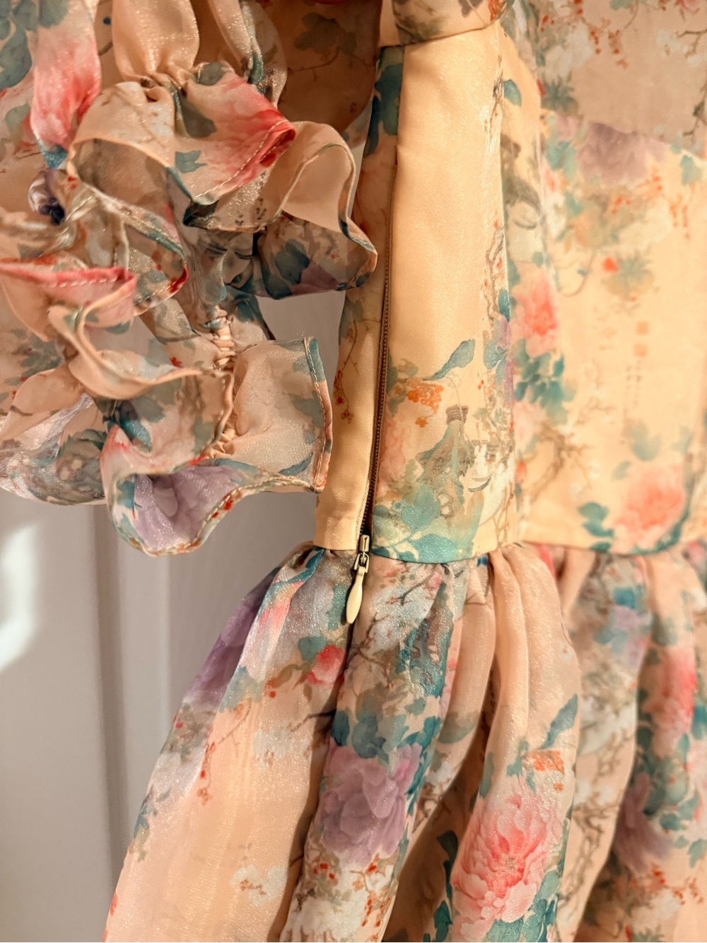 Selkie Peach Floral Organza Puff-Sleeve Mini Dress - Picture 5 of 11